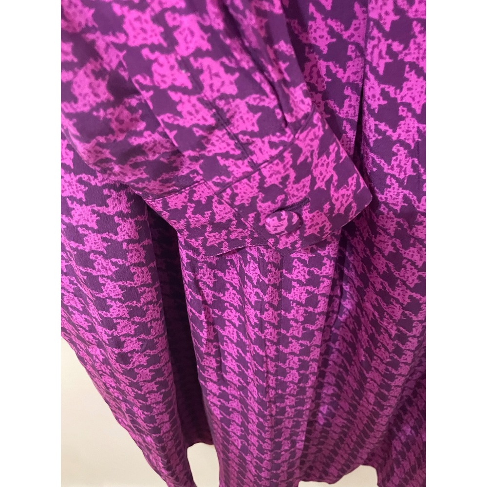Adrianna Papell Vintage Purple Houndstooth 100% Silk Shirt Dress Size 8 - Picture 4 of 7